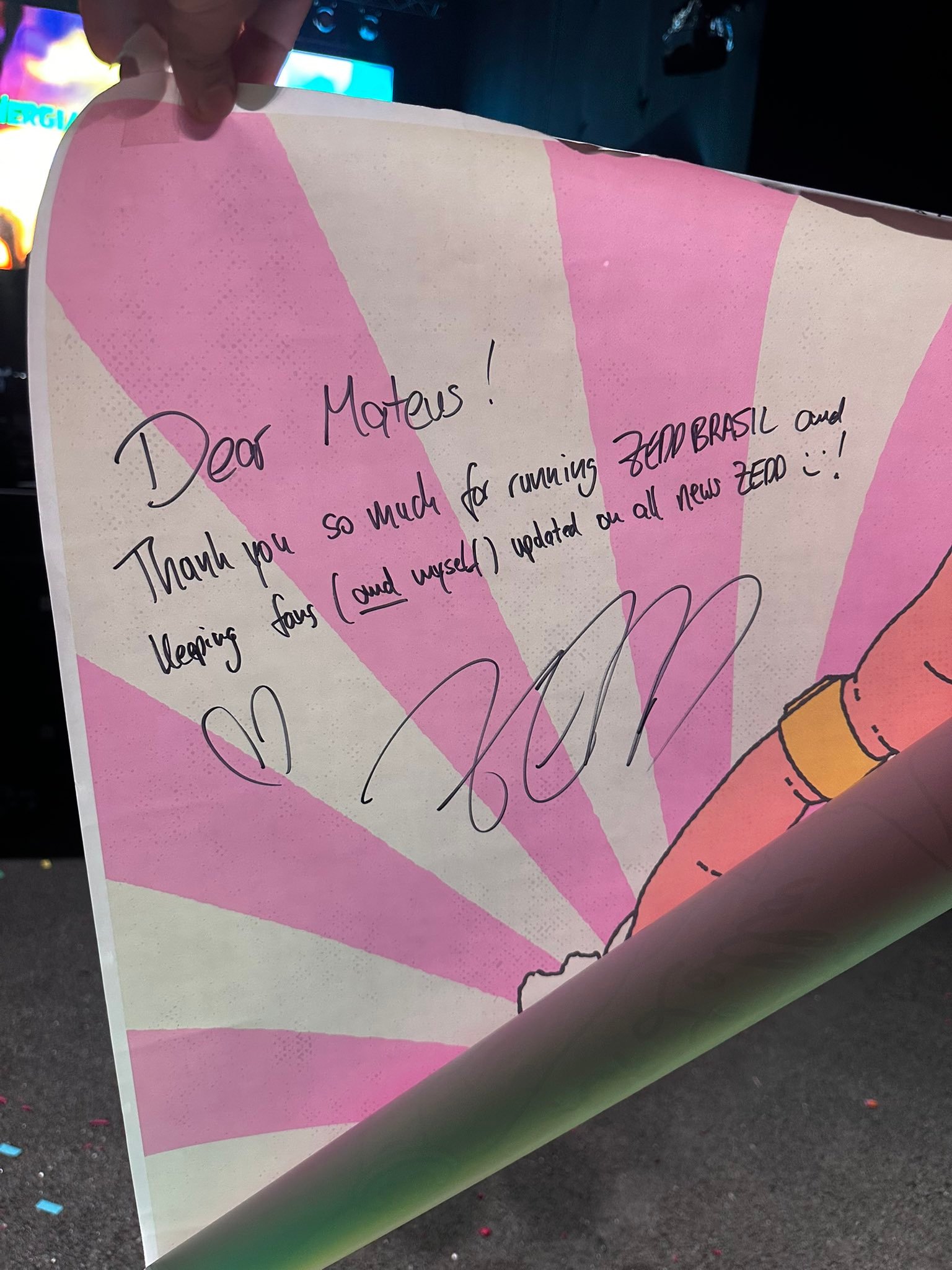 Pôster do Lollapalooza Brasil 2025 com dedicatória manuscrita de Zedd a Mateus e à Zedd Brasil.